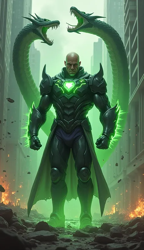 Lex Luthor DC in green and purple armor with a furious serpents head destroying the city