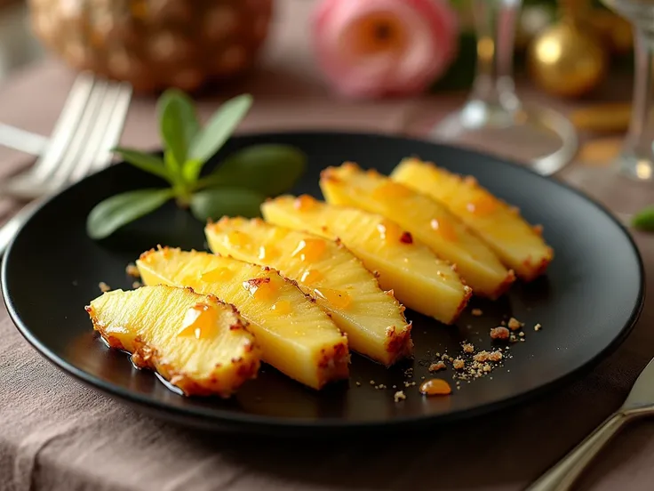  create a black plate with sliced pineapple pieces. This dish is on a very beautiful and well decorated table .  REALISTIC IMAGE