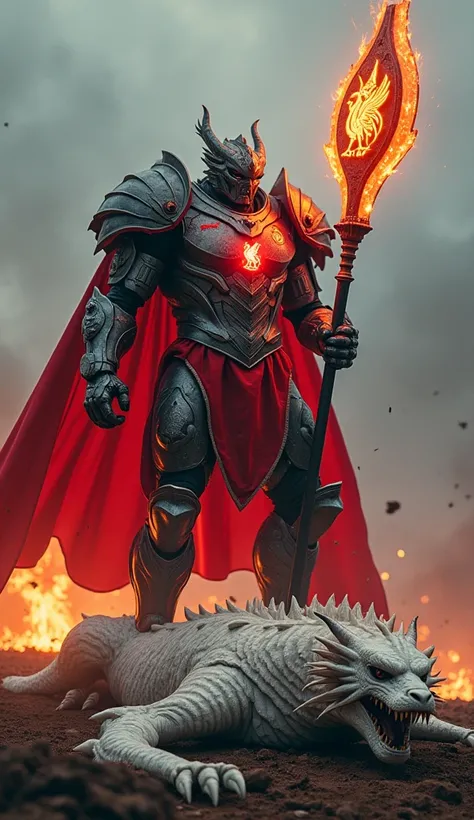 A massive armored monster wearing Liverpool’s football kit, adapted into a battle-hardened uniform with metallic elements and glowing red accents. The monster wields a giant, blazing spear engraved with Liverpool’s crest. It stands triumphantly on the ches...