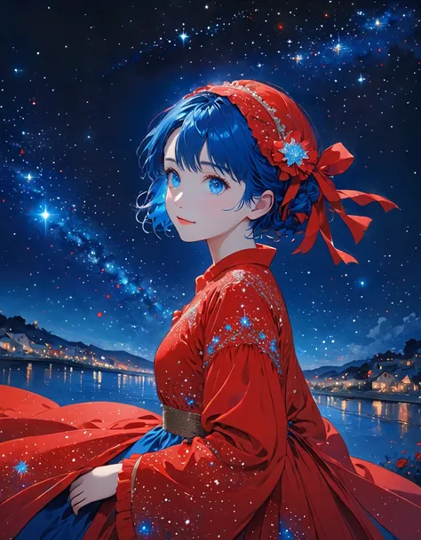 girl in red dress,  short bright blue hair ,  bright blue eyes and night sky, full of bright stars at night 