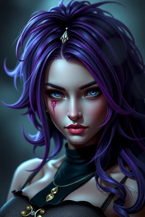 a close up of a woman with purple hair and a black corset, seductive cyberpunk dark fantasy, dark purple hair and cybernetics, deviantart artstation cgscosiety, 8k high quality detailed art, beautiful cyberpunk woman model, beautiful elf with violet skin, ...