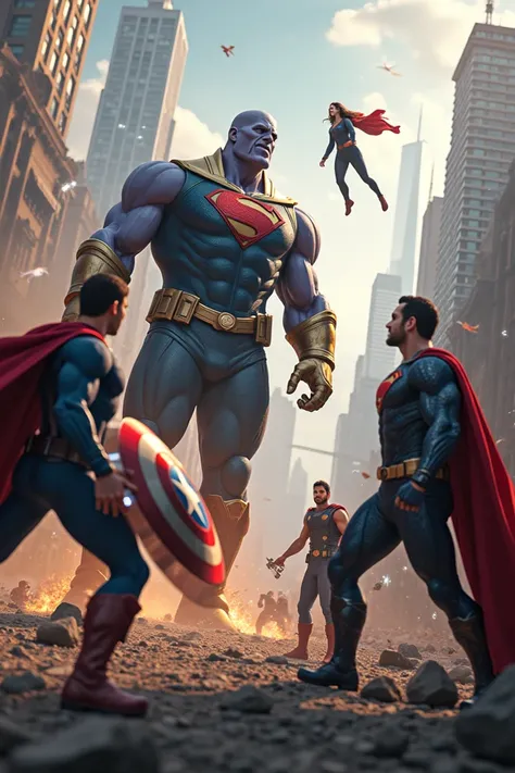 Thanos super man captain america and Thor stand up to city 