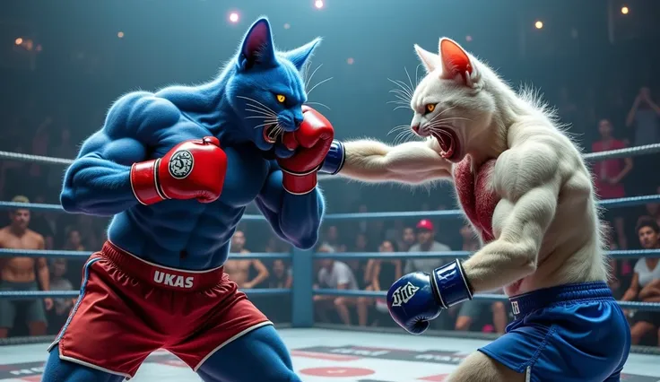 A dynamic MMA arena scene featuring a humanoid muscular bluecat wearing red shorts and gloves delivering a powerful punch to the chest of a humanoid muscular white cat wearing blue shorts and blue gloves. The bluecats punch visibly impacts the cats open an...