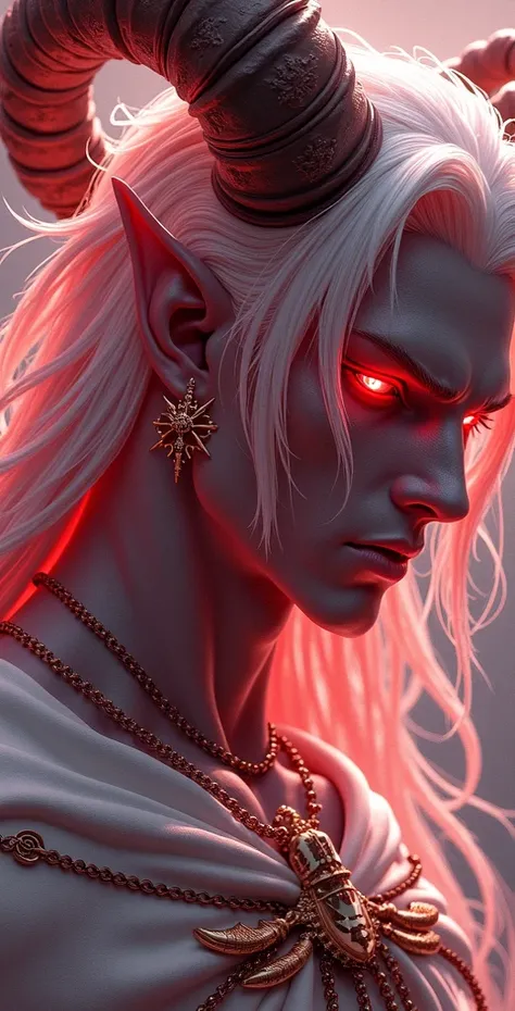  The character is an imposing figure with long, white hair that flows like a cloak of light. Your horns, majestic and curved ,  stand out from his head ,  accentuating his supernatural nature .  The skin is deep dark gray ,  that transmits an aura of myste...