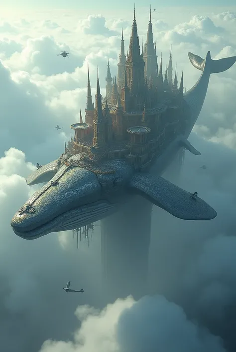 An aerial city built on the back of a colossal flying whale.