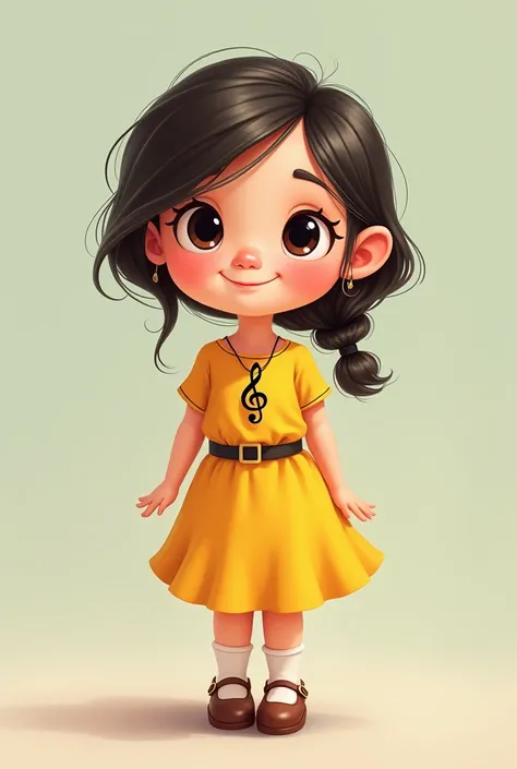 Make me a small and cartoon young woman dwarf with yellow dress and a black treble clef necklace 