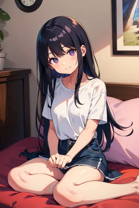 Country House , Elementary school girls, 　Flat chest, black hair, long hair,  Purple Eyes 　Smile　（One person）　 Solid White Short Sleeve T-Shirt 　 Dark Blue Denim Mini Skirt　 white panties （（ I Can See Her Panties ）） barefoot　Rokujoma 　 Sitting on Cushion 　...