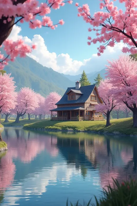 Create me a picture of a house on the lake standing around it cherry trees