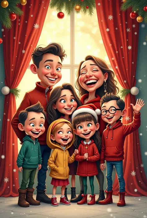 Caricature of family with funny  at Christmas curtain in cartoon style 