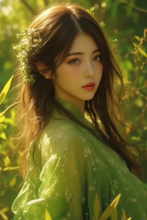 A hyper-realistic portrait of an East-Asian woman bathed in ethereal golden light, surrounded by lush greenery. Her captivating, delicate features radiate a serene yet mesmerizing presence. Her long, flowing dark brown hair catches the sunlight, creating a...