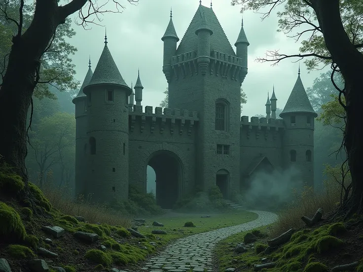 An abandoned castle,destroyed,in ruins, in a forest 