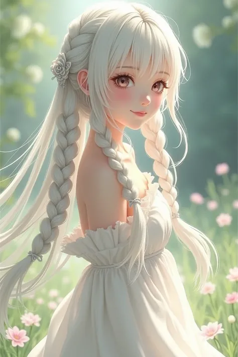 Long-haired girl tied two white dyed wearing a white dress is smiling