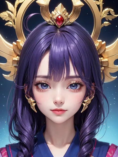 masterpiece， best quality，8k， Detailed skin texture ， detailed cloth texture，Beautifully detailed face， complex details， super detailed，Rei Ayanamiの肖像，Purple Hair，Red colored eyes， black headgear on the head,Pixieカット，Shining Skin Hair Ornaments, gold hair ...