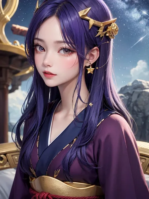 masterpiece， best quality，8k， Detailed skin texture ， detailed cloth texture，Beautifully detailed face， complex details， super detailed，Rei Ayanamiの肖像，Purple Hair，Red colored eyes， black headgear on the head,Pixieカット，Shining Skin Hair Ornaments, gold hair ...