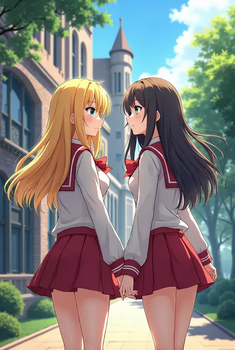 2 anime girls, in school uniform outside a building. Hot and one of them is blonde the other is brunnete. Realistic