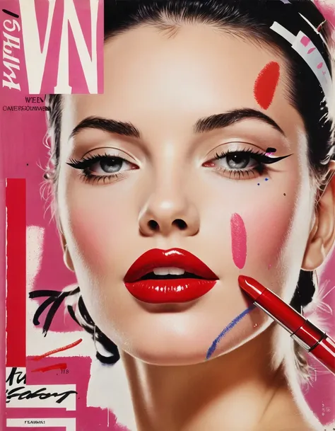 "twen" magazine cover, Lipstick mark painting. Sexy lipstick mark, Lots of lipstick marks, Lipstick marks from various women. Stylish Background, art by Heinz Edelmann