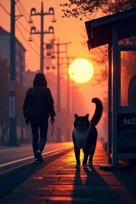 Cat silhouette walking through Japan bus stop
