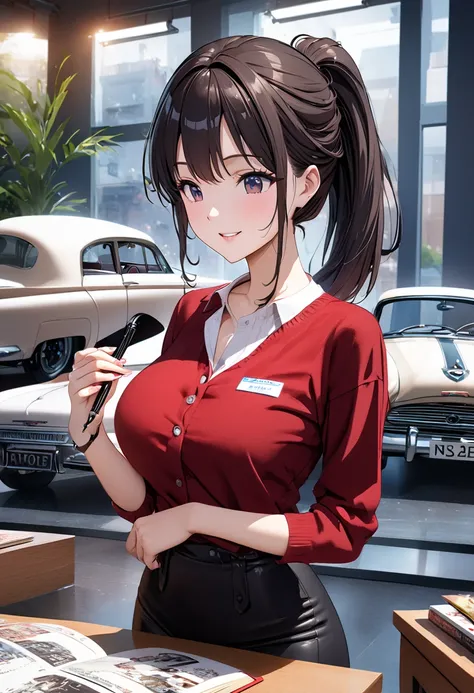  best quality、 Ultra Precise 、Detailed drawing、 vibrant colors、alone、Beautiful girl 、Age 30、classic car shop、showroom、Lots of cars、table、Beautiful big boobs、 business suit、 red shirt、 ties、Name tag、 Mini Skirt、 black stockings、catalog book and pen in hand、...