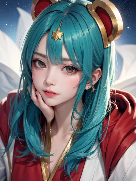 masterpiece， best quality，8k， Detailed skin texture ， detailed cloth texture，Beautifully detailed face， complex details， super detailed，Rei Ayanamiの肖像，Green Hair，Red colored eyes， black headgear on the head,Pixieカット，Shining Skin Hair Ornaments, gold hair o...