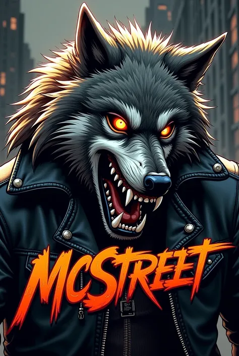 Make a wolf mascot for a hip hop group to be printed with the name of the McStreet biker jacket-like group 
