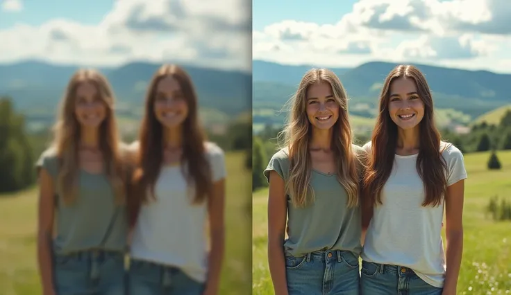 Two side-by-side images of three young women in a rural landscape , , where the photo on the left is blurry and blurry and the one on the right is very sharp and well saturated.