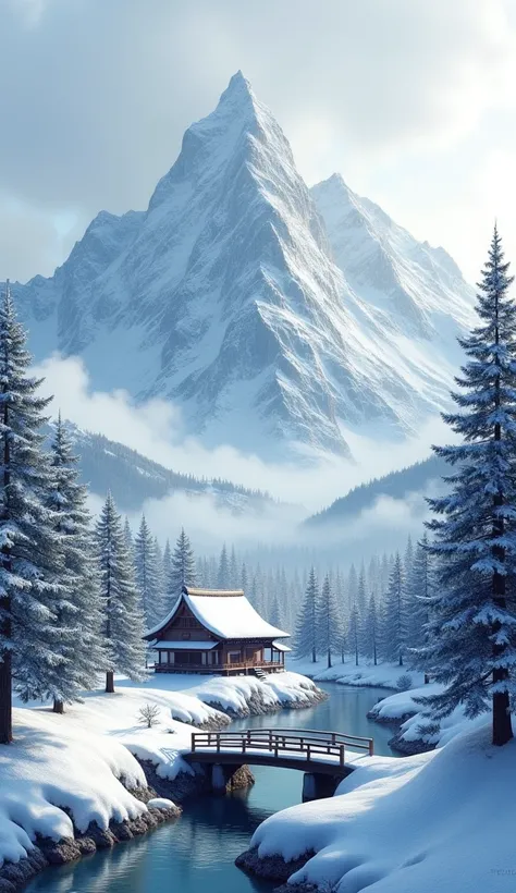 A realistic winter scene in Japan, showcasing a towering mountain blanketed in snow, with rugged, jagged peaks. The landscape is peaceful and untouched, with pine trees dusted in snow scattered throughout the scene. In the foreground, there is a small wood...