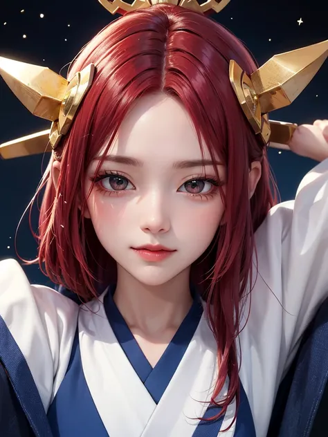 masterpiece， best quality，8k， Detailed skin texture ， detailed cloth texture，Beautifully detailed face， complex details， super detailed，Rei Ayanamiの肖像， red hair，Red colored eyes， black headgear on the head,Pixieカット，Shining Skin Hair Ornaments, gold hair or...