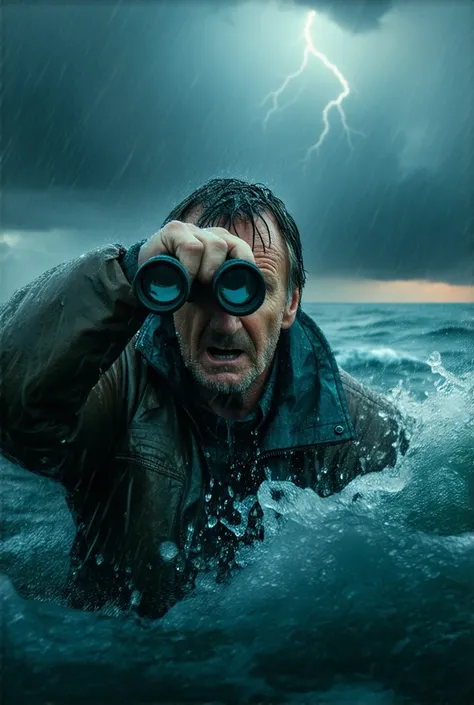 Close-up of Liam Neeson, a middle-aged man in his 50s, drenched from the storm, gripping binoculars tightly. His face shows a mix of worry and disbelief as he scans the dark, tumultuous sea. The background is filled with storm clouds and flashes of lightni...