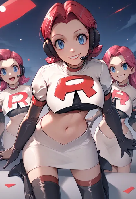 Team rocket, team rocket uniform, red letter R, white skirt,white crop top,black thigh-high boots, black elbow gloves, evil smile, night sky background, headset, large breasts, high-heeled boots, 5 girls,