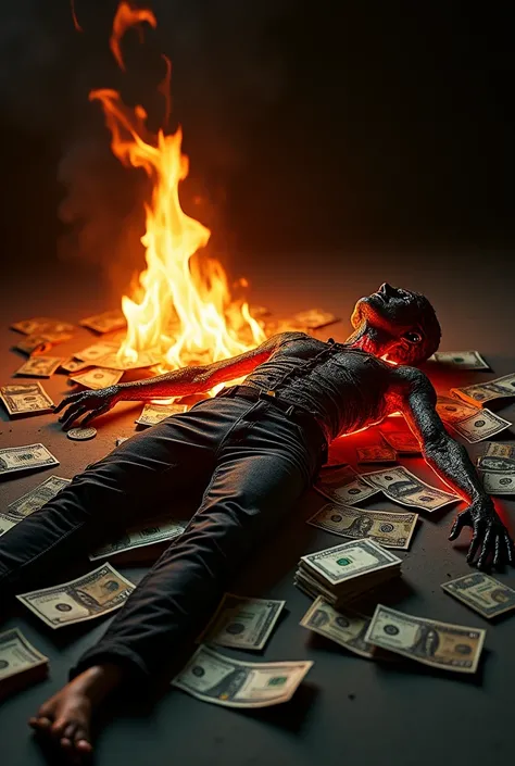 (photorealism:1.2), burning the dead body and lots of money 