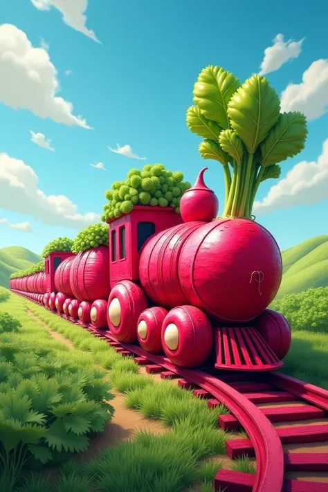 A train on track made out of radishes 