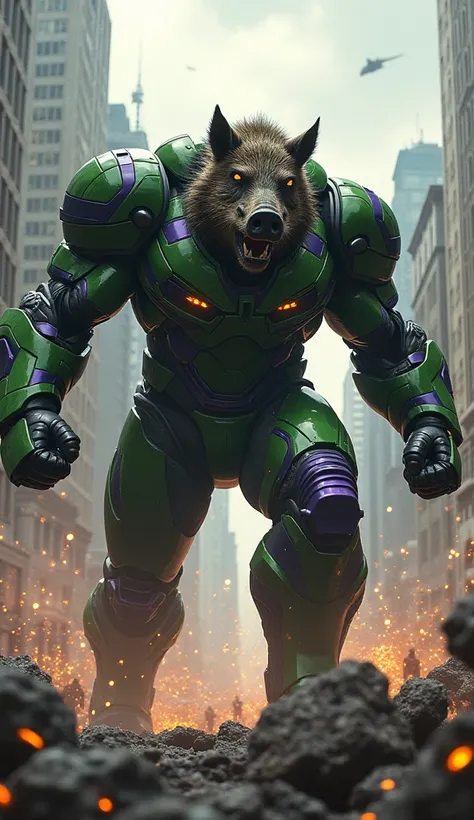 Lex Luthor DC in green and purple armor with the head of an angry boar destroying the city