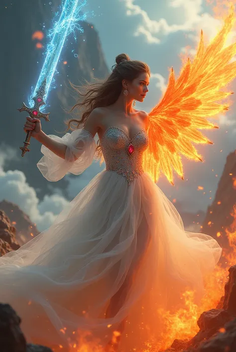 Flaming Sword , Dancing in Hellfire ,  Wearing a fluttering white dress , adorned with ruby jewels,   Confident smile surrounded by swirling clouds against a mountain backdrop, ( best quality,4K,8k, high definition ,  Masterpiece :1.2), ultra detail with h...