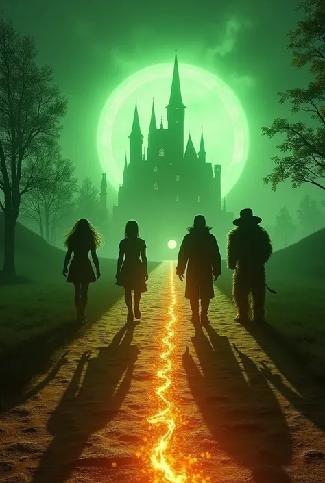 Create a poster of the movie , The Wizard of Oz from a Trail , It is important that at the beginning on the ground you can see the aligned shadows of the 4 main characters of the film: 1. Dorothy , 2. the Tin Man , 3.The Scarecrow and 4 .The lion. At the e...