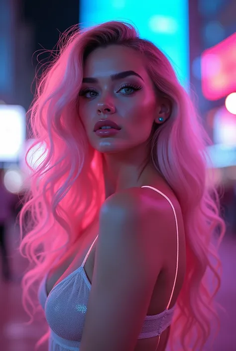 (((Gorgeous Rainbow Tron Girl:1.7))), (Subliminal White tron Mix theme Shooting:1.6), (Gaudy make-up, Very-long eyelashes, Very moisture lips:1.39), (Gorgeous Wavy Tron Hair), A cinematic 3D render of a fashion-inspired portrait of a voluptuous, futuristic...