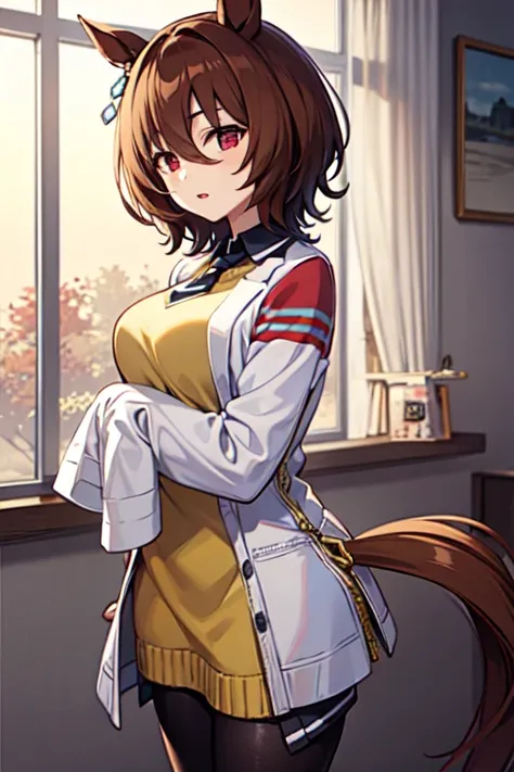  Agnes Tachion、Horse Girl、 girl、一人の girl、Horse ears、Horse tail、 earring on one side 、Red eyes、 short hair、 brown hair、Whiteの上着、（White:1.2)、(bigger sleeve than wrist :1.2)、 yellow big sweater 、 ties、 black pantyhose、Stray hair、best qualty,