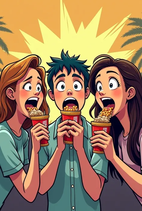 A comic in the hand of a snack in your mouth（A group of people）The picture needs to be horizontal