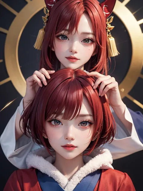 masterpiece， best quality，8k， Detailed skin texture ， detailed cloth texture，Beautifully detailed face， complex details， super detailed，Rei Ayanamiの肖像， red hair，Red colored eyes， black headgear on the head,Pixieカット，Shining Skin Hair Ornaments, gold hair or...