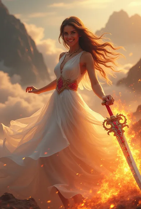 Flaming Sword , Dancing in Hellfire ,  Wearing a fluttering white dress , adorned with ruby jewels,   Confident smile surrounded by clouds swirling with mountains in the background, ( best quality,4K,8k, high definition ,  Masterpiece :1.2), ultra detail w...