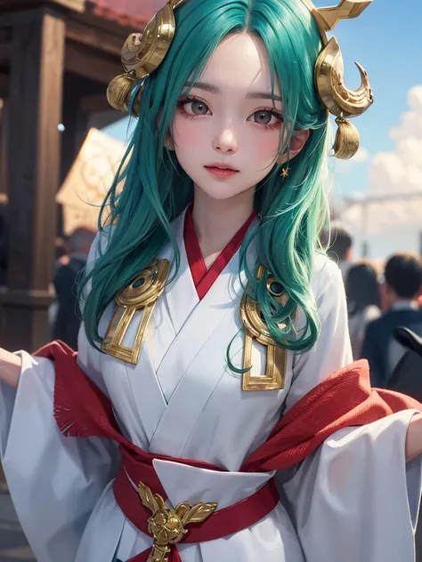 masterpiece， best quality，8k， Detailed skin texture ， detailed cloth texture，Beautifully detailed face， complex details， super detailed，Rei Ayanamiの肖像，Green Hair，Red colored eyes， black headgear on the head,Pixieカット，Shining Skin Hair Ornaments, gold hair o...