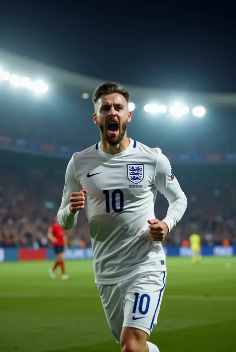 A handsome young soccer player celebrating a goal at night in a stadium. full view. (a handsome pale fit handsome man in his 20s with dark brown hair that’s brushed back, chisled jaw, beard and blue eyes.) wearing a long sleeve England soccer jersey wearin...