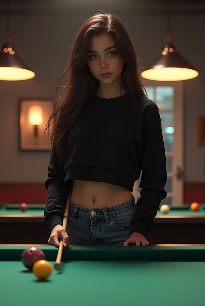  A young girl with long wavy hair of dark brown color ,  wearing a tight-fitting black sweatshirt and blue jeans .  He stands in front of a pool table in a room with dark dark brown light . in his hand,  he holds a billiard stick confidently , prepares to ...