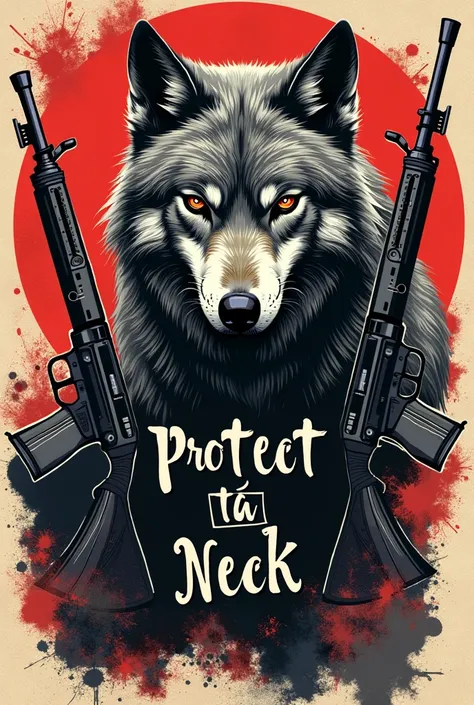 Make a print of a wolf for a Hip Hop group for a group with the name McStreet and with firearms and the phrase Protect Tá Neck has a Q is in the print 