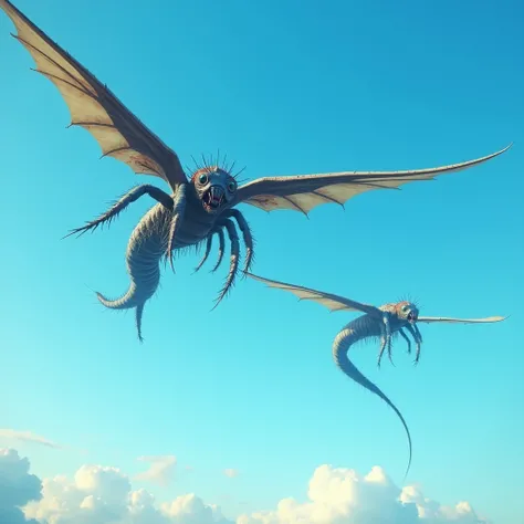 Flying centipedes 、 giant centipedes fly through the sky、 they are large but thin centipedes 、Flat centipede、 The background is blue sky 、 where they attack humans from the sky 、