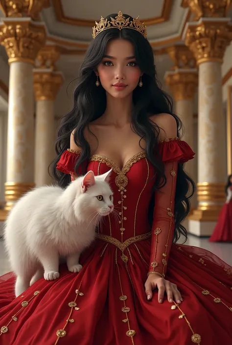 Beautiful teenage princess in the palace
Her wear the red frock and crown 
She has long black wavy hair and pet of cute white cat 