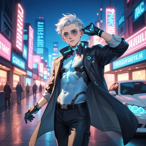 A slim young teen male with icy blue eyes, white quiff hair, and dont have emotion. His face is young. The outfit is futuristic with a glowing light blue shirt, black vest, slim black pants, and boots with neon lights. A glowing tie and tech gloves complem...