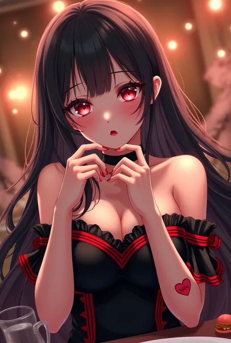 Anime girl, one of the most beautiful beauties, wearing a sexy black dress with red stripes at a party She has a tattoo of the word “I love you” on her right hand and a love heart in pink on her left hand 