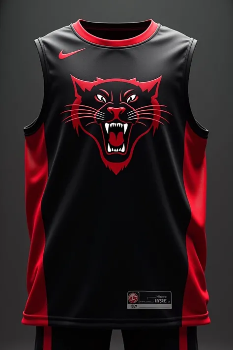 Create a front and back sublimation basketball jersey with a panther logo with a combination of black and red 