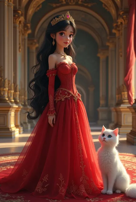 Beautiful teenage princess in the palace
Her wear the red frock and crown
Wear magic necklace 
She has long black wavy hair and pet of cute white cat 