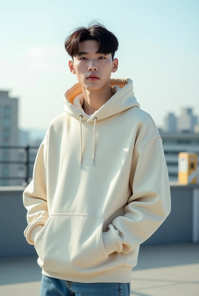 Handsome Korean Young Guy, Photoshoot, Idol, At Korean Rooftop, Wearing a Cream Hoodie, Wearing Baggy Jeans, Highly Detailed, Detailed Face, Detailed Hair Ultra HD, Young Face, Handsome Face, Korean, Handsome